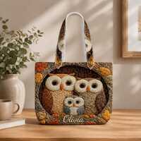 Personalized Owl Quilted Tote Bag, Colorful Owl Quilt Purse, Owl Lover Gift, Nature Animal Quilt Han