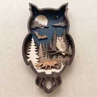 3D Layered Owl SVG | Multilayer Forest Scene Laser Cut File | Owl with Fox and Bat Wood Wall Art | G