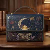 Celestial Owl Satchel Bag, Witchy Bookish Crossbody Purse, Moon Moth Crystal Handbag, Mystical Vegan