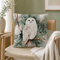 Snowy Owl Throw Pillow, Neutral Woodland Cushion Cover, White Owl Pillow, Nature Decor Accent Pillow