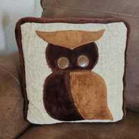 Vtg MCM Owl Pillow 70s Tweed Burlap Fuzzy Brown 17×15.5 Cottagecore Grannycore