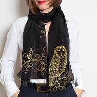 Hand Painted Owl Scarf Black Gold Silk Shawl Owl Gift 69X17