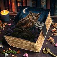 Owl Moon Leather Journal with Lock, Witchy Grimoire Notebook, Dark Academia Owl Diary, Vintage Deckl