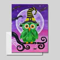 Halloween Owl Greeting Card, Green Owl Halloween Card, Whimsical Halloween Card, Cute Owl Card, Moon