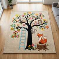 Woodland Animal Nursery Rug, Fox Owl Kids Room Carpet, Montessori Forest Tree Playroom Decor