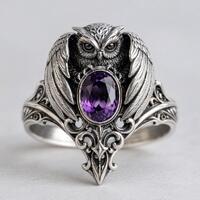 Owl Statement Ring with Purple Gem, Silver Gothic Bird Cocktail Ring