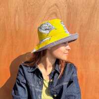Wide brim yellow cotton sun hat with an owl motif, handmade summer hat made using upcycled fabric, r