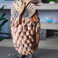 Handmade Wooden Owl Sculpture, Life Size Rustic Owl, Natural Wood Art.