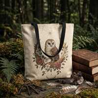 Barn Owl Moon Woven Jacquard Tote Bag | Celestial Witchcore Botanical Bag