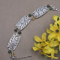 Silver Owl Bead bracelet; Green Aventurine, Jasper, Citrine