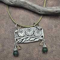 Silver owl pendant necklace; Green Aventurine, Citrine