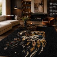 Hand Tufted Wool Blend Owl Rug, Nature Inspired Black Gold Carpet