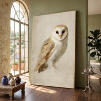 Elegant Barn Owl Illustration Canvas, Wildlife Bird Wall Art, Neutral Home Decor, Nature Animal Canv