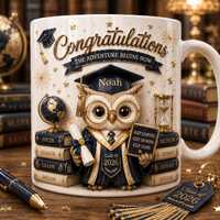 Custom Graduation Owl Mug with Name Year, Personalized Class of 2026 2027 Gift, 3D Look Wise Owl Cof