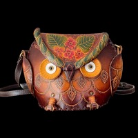 Tooled Vegan Leather Handmade 3D Owl Crossbody Purse Bag Embossed Small Handbag Adorable Halloween C