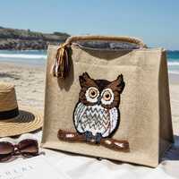 Owl Jute Beach Bag, Natural Bellows Tote, Boho Summer Handbag, Large Straw Market Bag, Eco-Friendly 