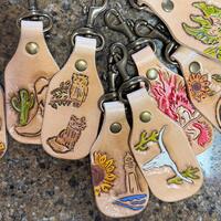 Hand Tooled Leather Keychain: Sunflower, Owl, Cactus, Peace Sign Designs