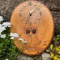 Vintage Handmade Live Edge Pyrography Owl Clock