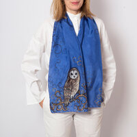 Owl Hand Painted Blue Silk Scarf Bird Shawl Owl Gift 59X13