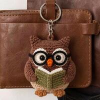 Crocheted Owl Keychain, Spectacled Book Lover Charm, Cotton Yarn Accessory