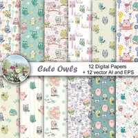 Vector owls papers, kids paper pack, birds seamless patterns, owl background.