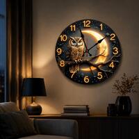 Owl Moon Silent Wall Clock, Rustic Night Sky Decor, 10 Inch Quartz Clock