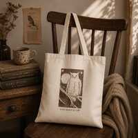 Owl Tote Bag, Awake Against My Will Canvas Tote, Whimsical Canvas Tote Bag, Cottagecore Book Bag Gif