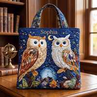 Personalized Gentle Owl Quilted Tote Bag, Moonlit Owl Tote, Celestial Bird Bag, Custom Name Gift For