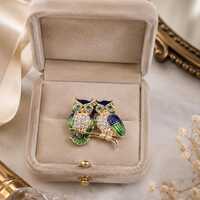 Vintage owl brooch, crystal enamel owl brooch, gold bird costume accessory, women's small cardig