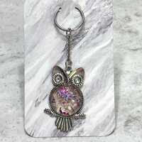 Handmade Owl Keychain Key Ring | Metal Bezel with Glass Cabochon | Chunky Glitter and Flowers