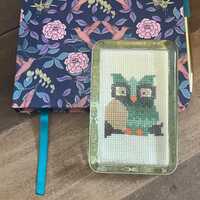 Vintage Owl Glass Paperweight with Handmade Needlepoint Folk Art Desk Decor Retro Owl Collectible