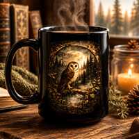 Owl Mug, Woodland Owl Coffee Mug, Black Ceramic Mug, Cozy Night Owl Gift, Dark Academia Coffee Cup, 