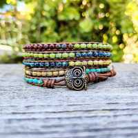 Beaded Leather Wrap Bracelet: Owl Button, Seed Bead Multi-color Boho Jewelry