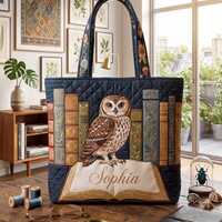 Personalized Owl Bookish Quilted Tote Bag, Custom Name Library Tote, Book Lover Gift, Dark Academia