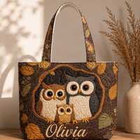 Personalized Owl Quilted Tote Bag, Colorful Owl Quilt Purse, Owl Lover Gift for Women, Nature Animal