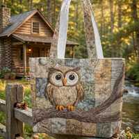 Personalized Owl Quilted Tote Bag, Colorful Owl Quilt Purse, Owl Lover Gift, Nature Animal Quilt Han