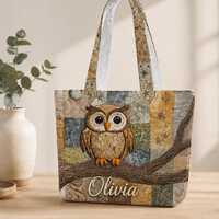 Custom Name Owl Reading Books Quilt Tote Bag, Book Lover Gift Tote, Artistic Owl and Book Stack Bag,
