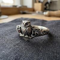 Owl Silver Ring with Red Stone Eyes and Engraved Vine Band