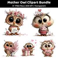 Mother Owl Clipart Bundle | Watercolor Floral PNG | Mom Gift Digital Graphics