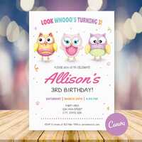 Editable Colorful Owls Birthday Invitation, Whimsical Owl Party Invite, Bright Colors Owl Birthday, 