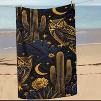 Celestial Owl Beach Towel, Printed Desert Cactus Pool Towel, Mystical Moon Gift For Her, Custom Prin