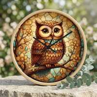 Whimsical Owl Illustration Wall Clock | Stained Glass Style, Woodland Decor
