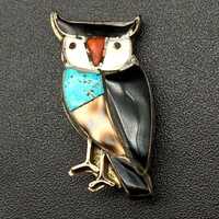 Vintage Zuni Native Owl Coral Turquoise MOP Shell Inlay Silver Pin Brooch