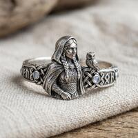 Norse Goddess Ring Silver Tone Raven Owl Celtic Knot Moonstone Ring