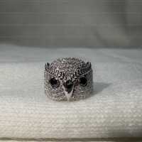 Owl Bird Inspired Dome Ring 14K Real Gold Round Cut Black and White Diamond Statement Ring Unique De
