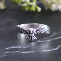 Flying Owl Band Ring, 925 Sterling Silver, Animal Lover Ring, Spread Wing Ring, Boho Bird Ring, Uniq