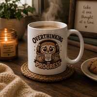 Overthinking In Progress Owl Mug, Cozy Burnout Humor Coffee Cup, Neurodivergent Introvert Gift