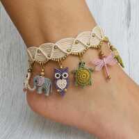 Boho Macrame Charm Anklet with Owl, Turtle, Elephant, Dragonfly | Crochet Ankle Bracelet