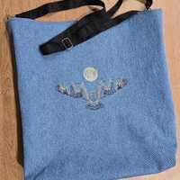 Handmade Large Denim Tote Bag with Embroidered Owl & Moon with Removable Strap