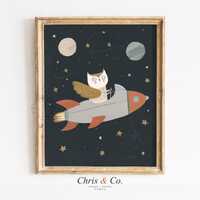 A Cute Owl in Silver Rocket, Charming Kids' Space Art (Digital Download)